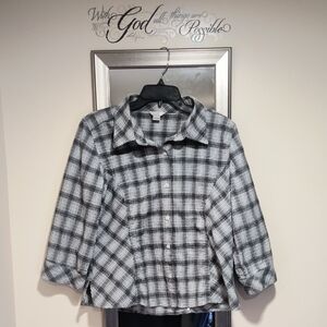 Christopher & Banks Women's Large Black and White W/Silver Threads Plaid Shirt